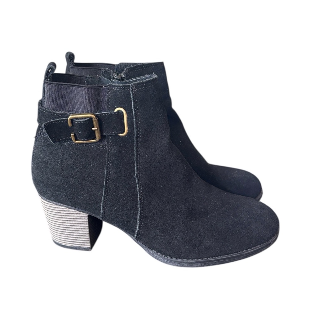 Skechers Taxi Black‎ Suede Ankle Brass Buckle Boots Size 8